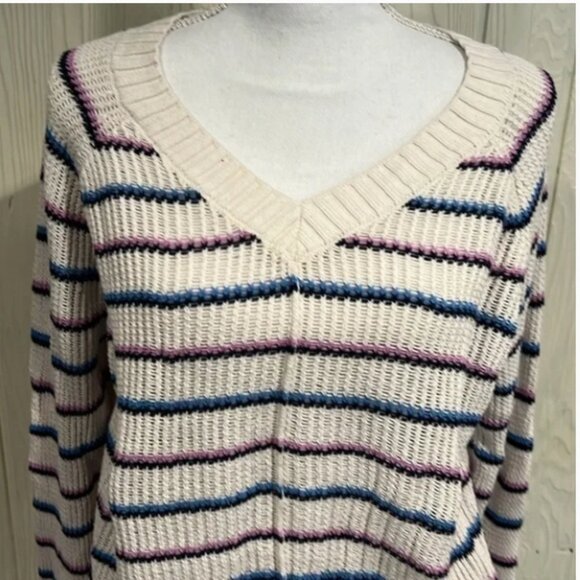 LOFT Cotton V Neck Sweater Beige with stripes Size XL - Picture 2 of 9